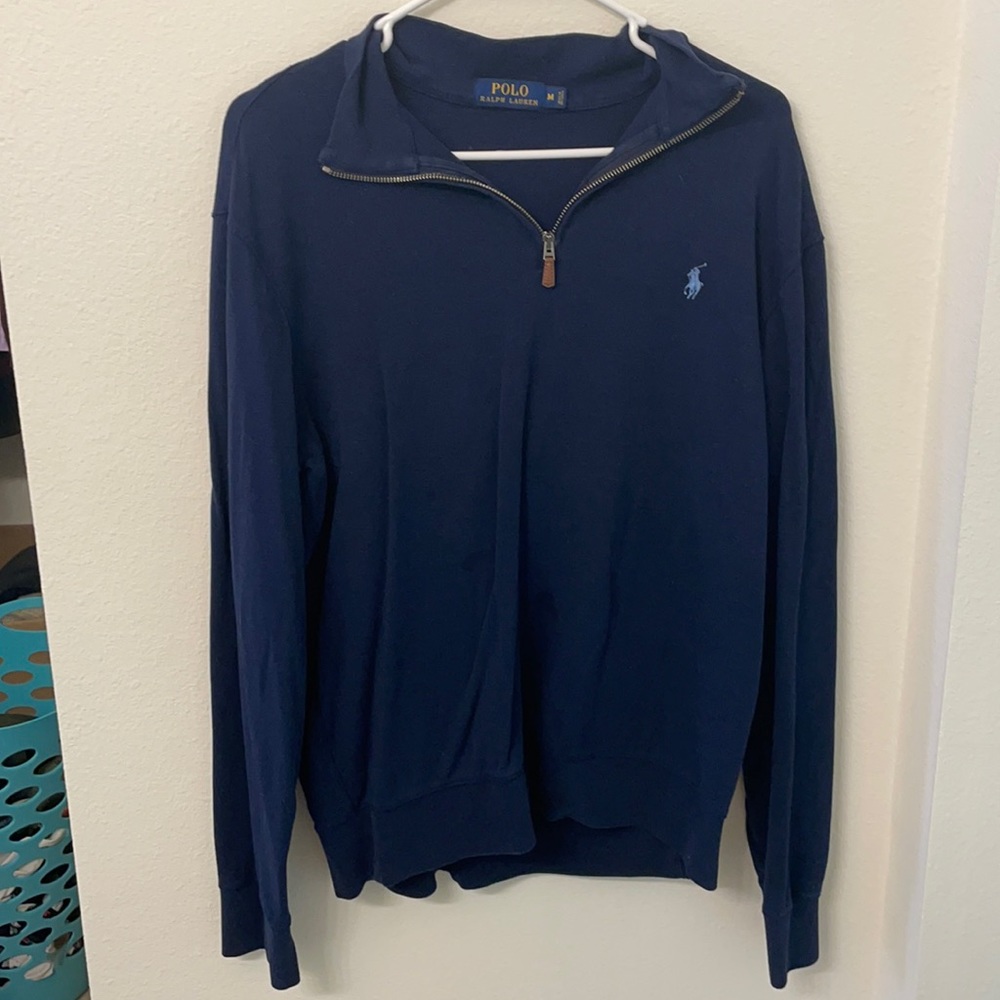 navy quarter zip pullover leather zipper detail POLO RALPH LAUREN super soft